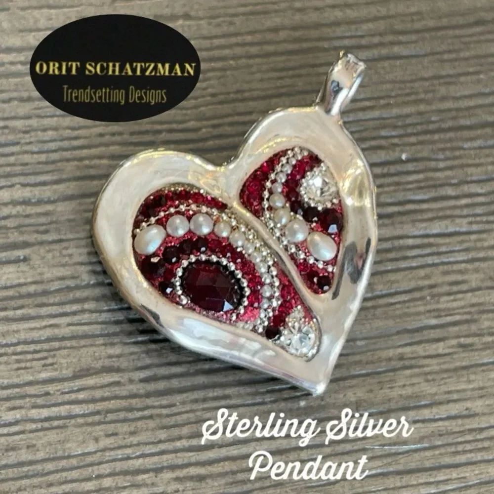 ORIT SCHATZMAN (OS) Sterling Silver Heart Pendant Pearls & Red Swarovski Crystal